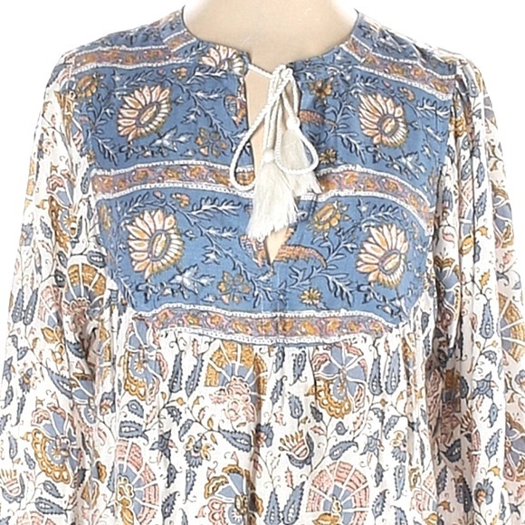 Lucky Brand size SP blouse blue & ivory BOHO 3/4 sleeves w keyhole & tassel ties - Picture 3 of 15